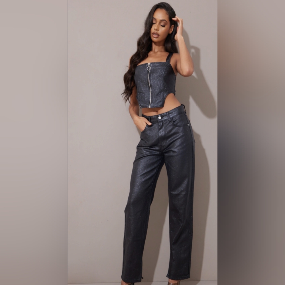 PrettyLittleThing Black Glitter Coated Denim Split Hem Jeans